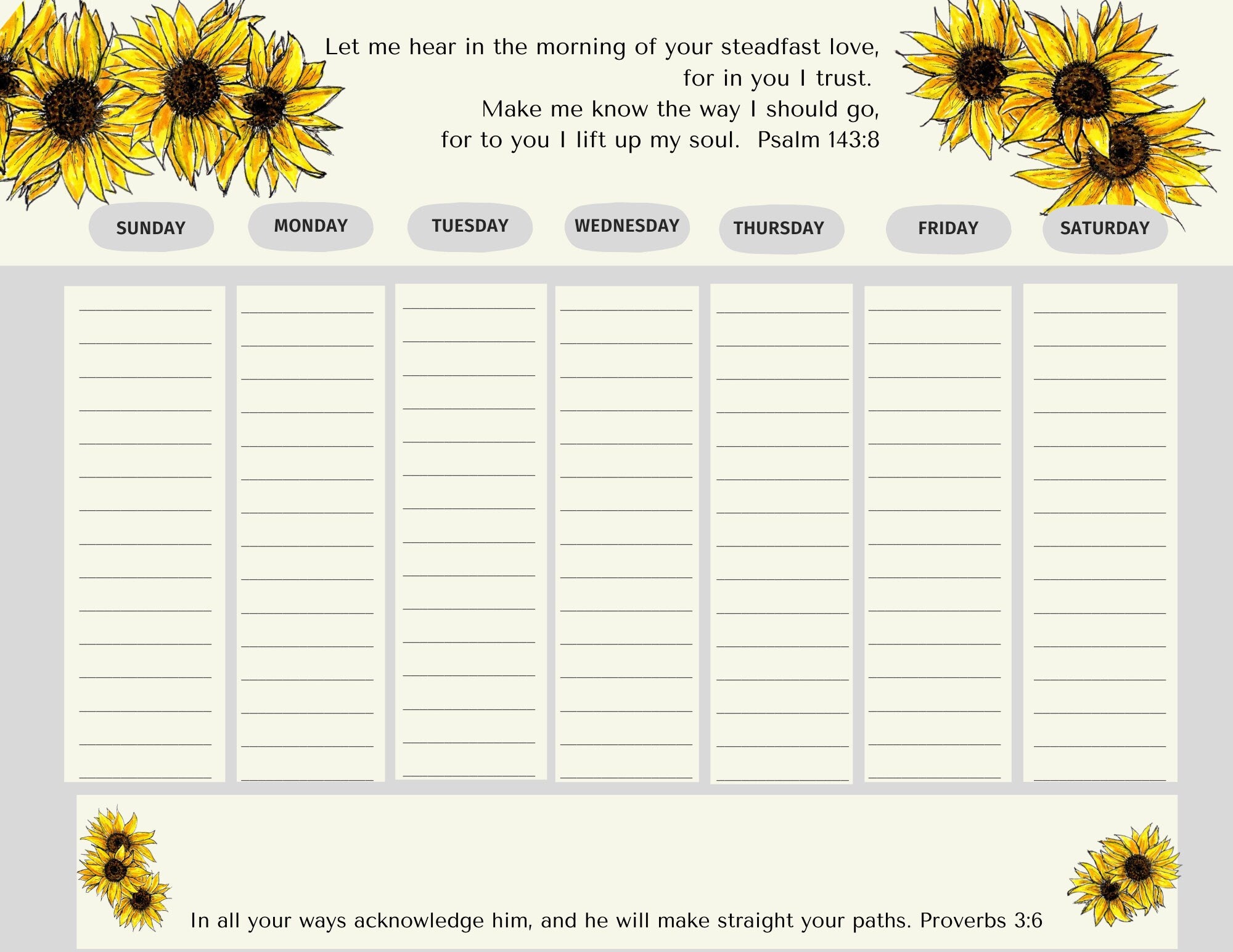 Christian Sunflower Weekly Digital  Planner  8.5 × 11 with Encouraging Bible Verses