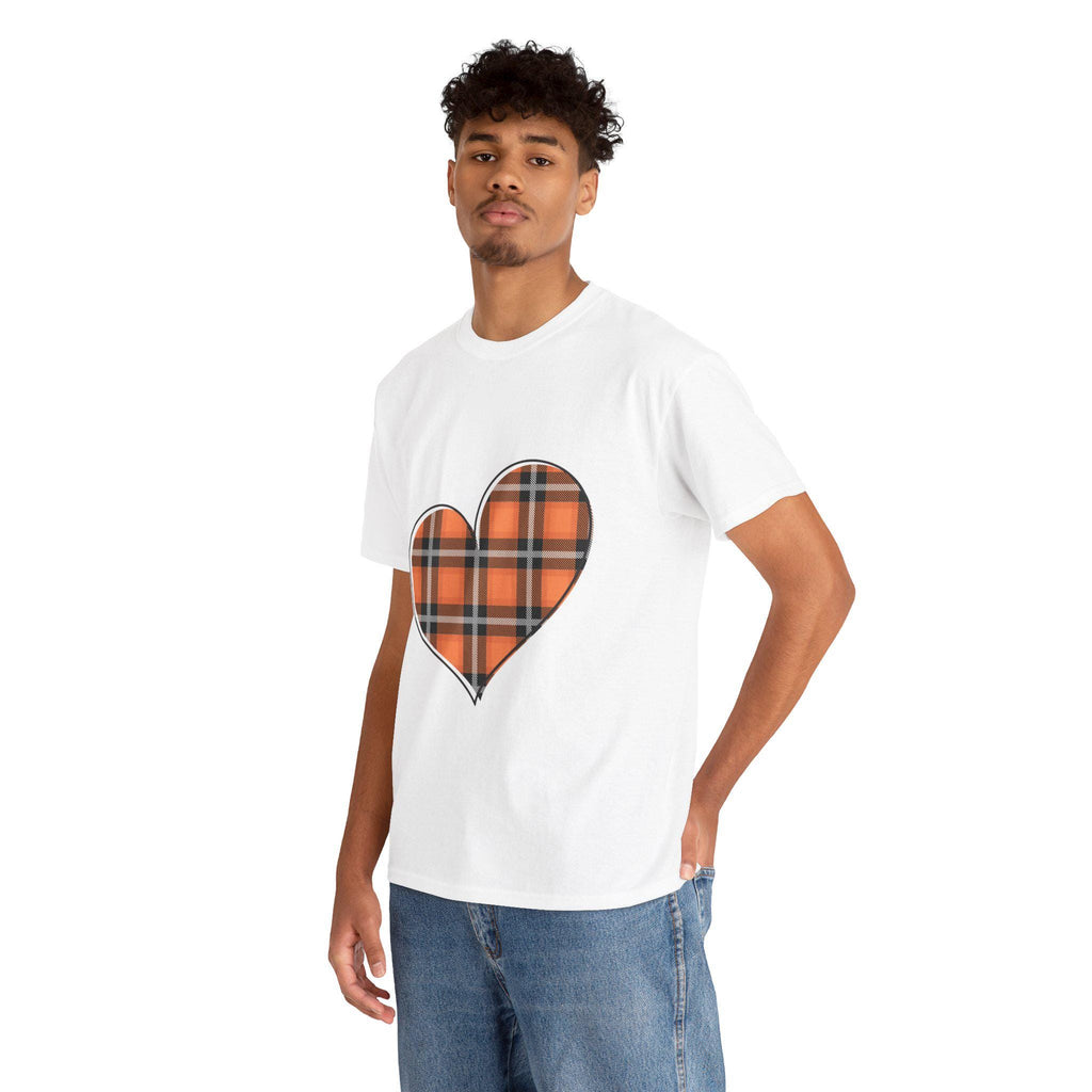 Plaid Flannel Heart - Fall Colors - Orange Black Pumpkin Leaves Unisex Heavy Cotton Tee