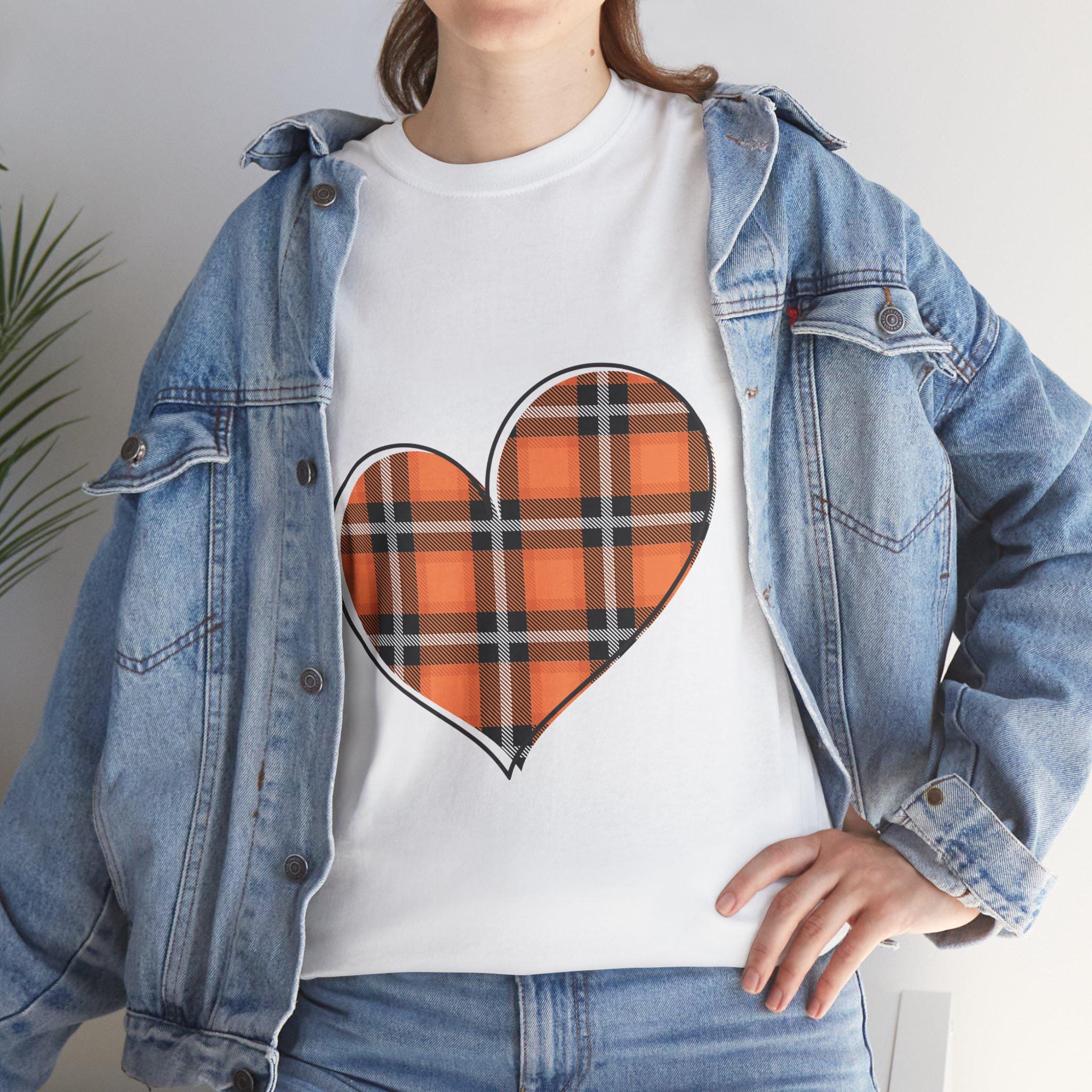Plaid Flannel Heart - Fall Colors - Orange Black Pumpkin Leaves Unisex Heavy Cotton Tee
