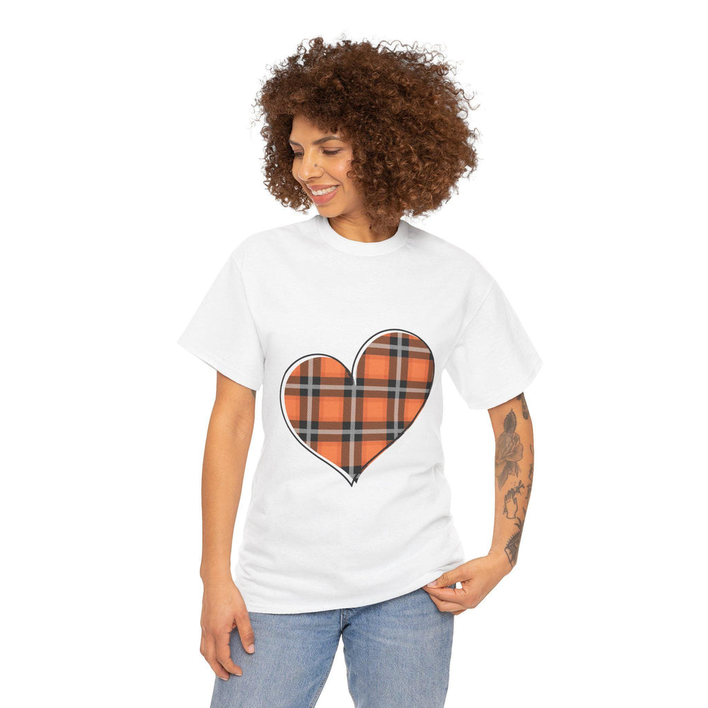 Plaid Flannel Heart - Fall Colors - Orange Black Pumpkin Leaves Unisex Heavy Cotton Tee