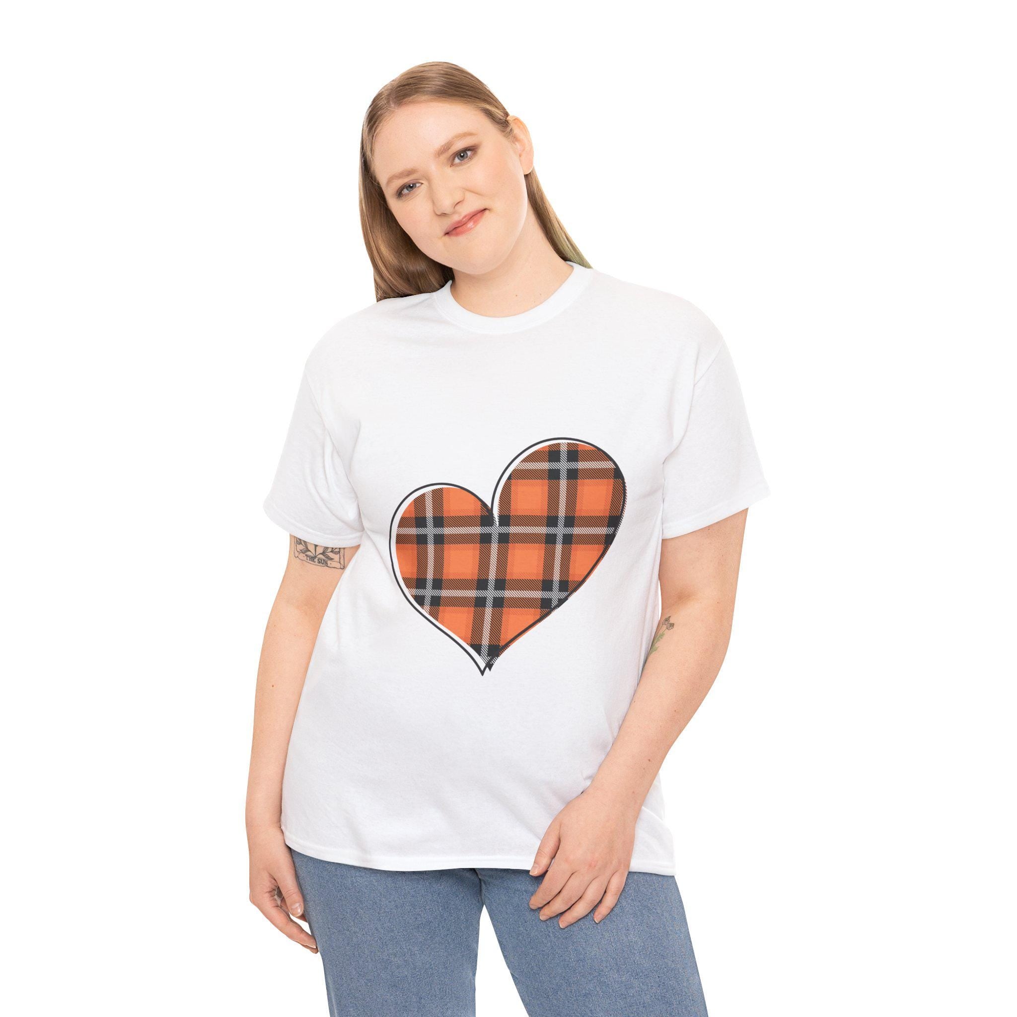 Plaid Flannel Heart - Fall Colors - Orange Black Pumpkin Leaves Unisex Heavy Cotton Tee