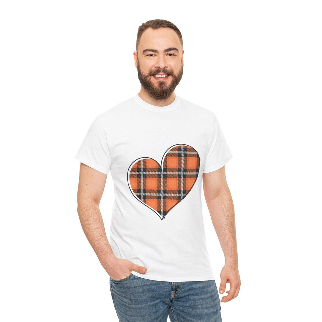 Plaid Flannel Heart - Fall Colors - Orange Black Pumpkin Leaves Unisex Heavy Cotton Tee