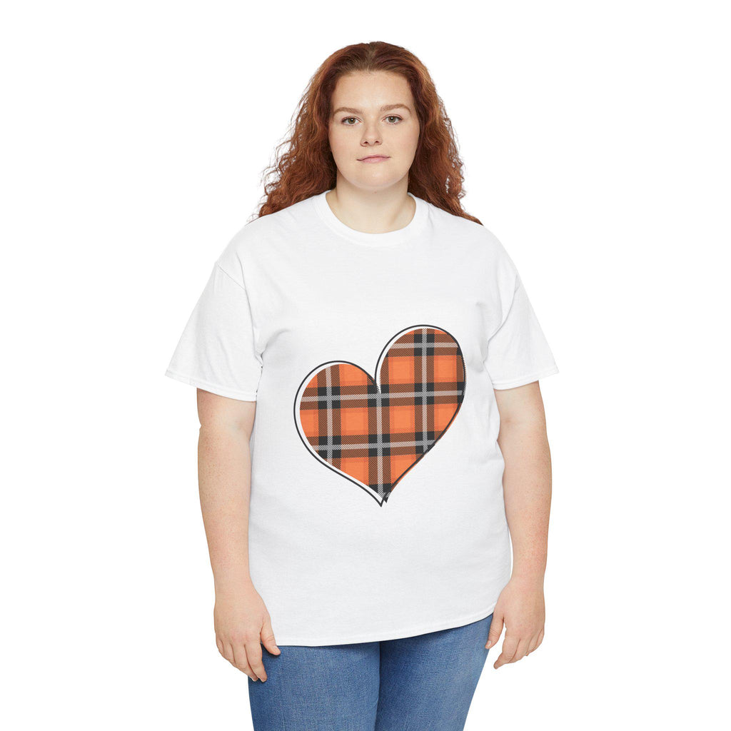 Plaid Flannel Heart - Fall Colors - Orange Black Pumpkin Leaves Unisex Heavy Cotton Tee