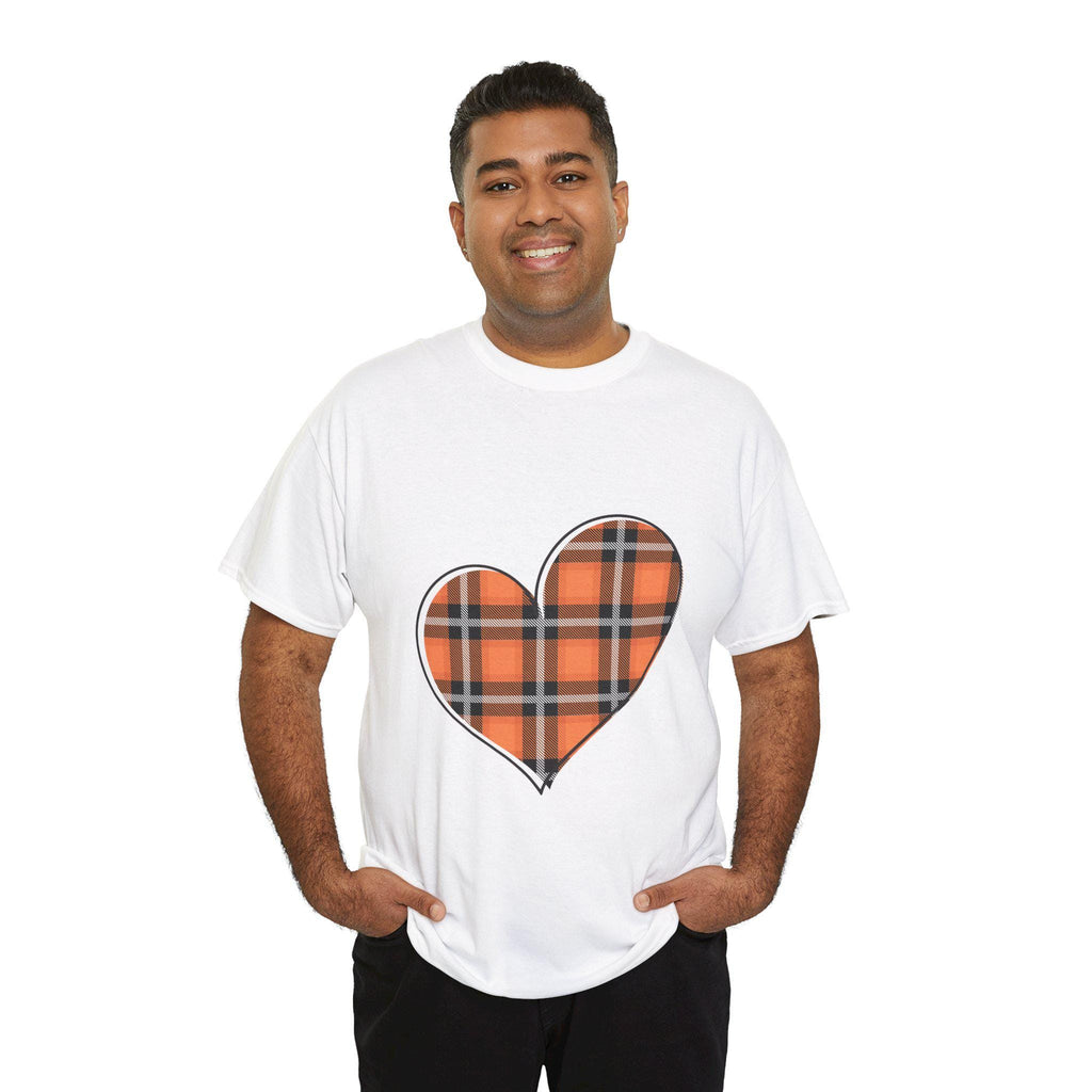 Plaid Flannel Heart - Fall Colors - Orange Black Pumpkin Leaves Unisex Heavy Cotton Tee
