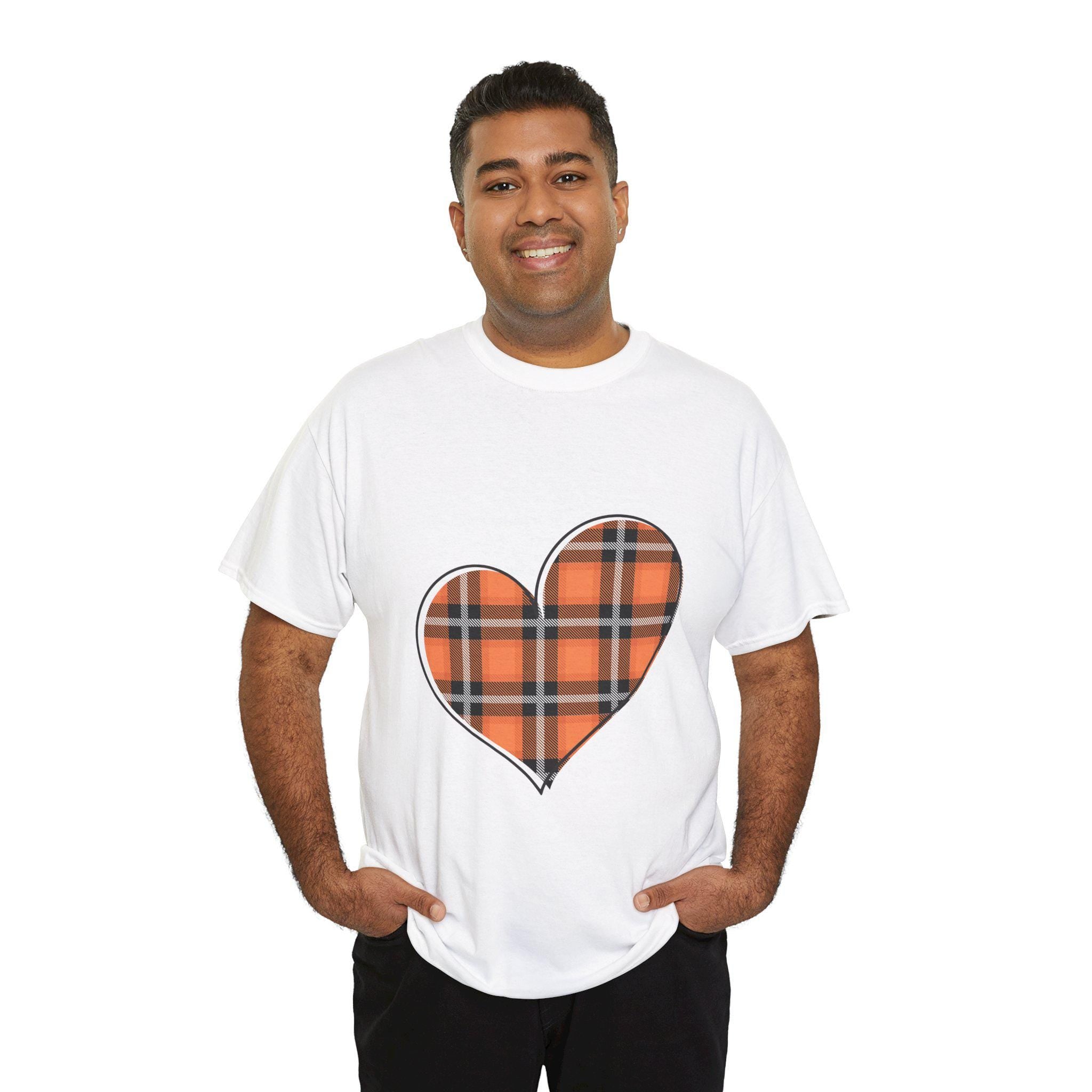Plaid Flannel Heart - Fall Colors - Orange Black Pumpkin Leaves Unisex Heavy Cotton Tee