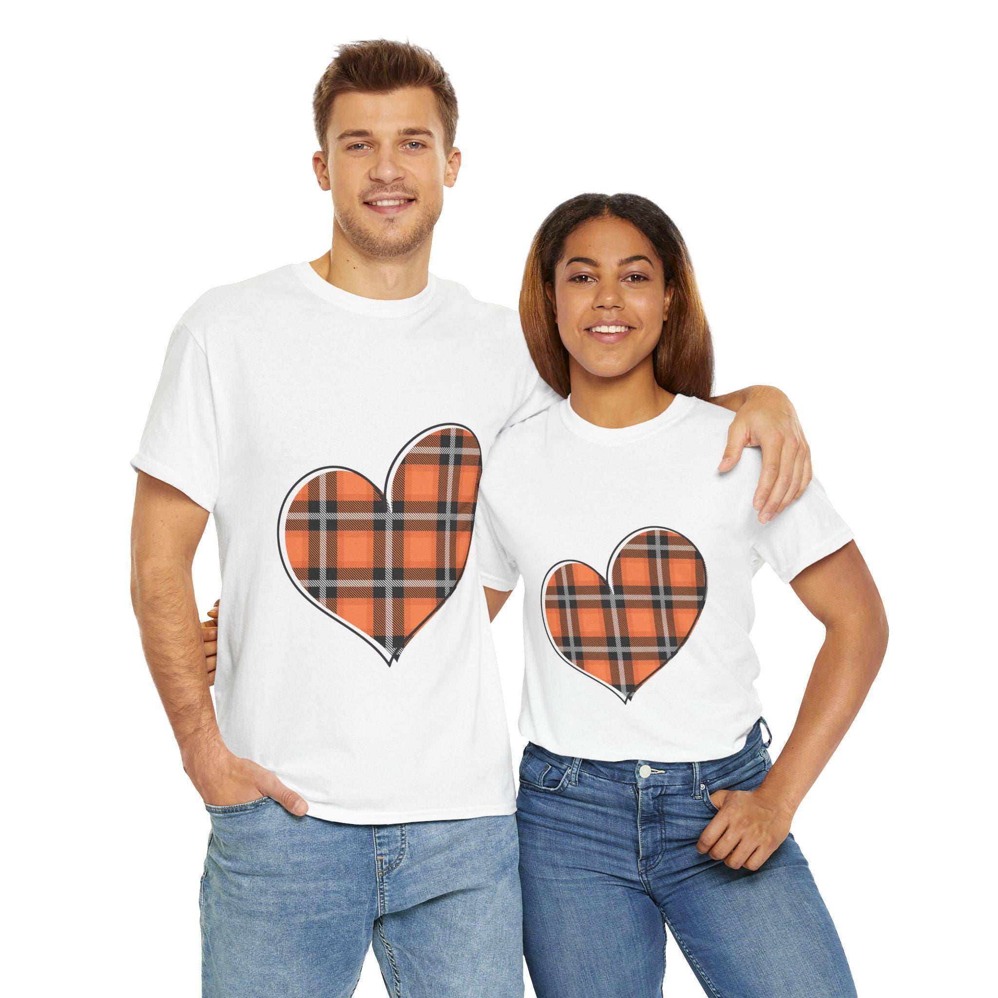 Plaid Flannel Heart - Fall Colors - Orange Black Pumpkin Leaves Unisex Heavy Cotton Tee